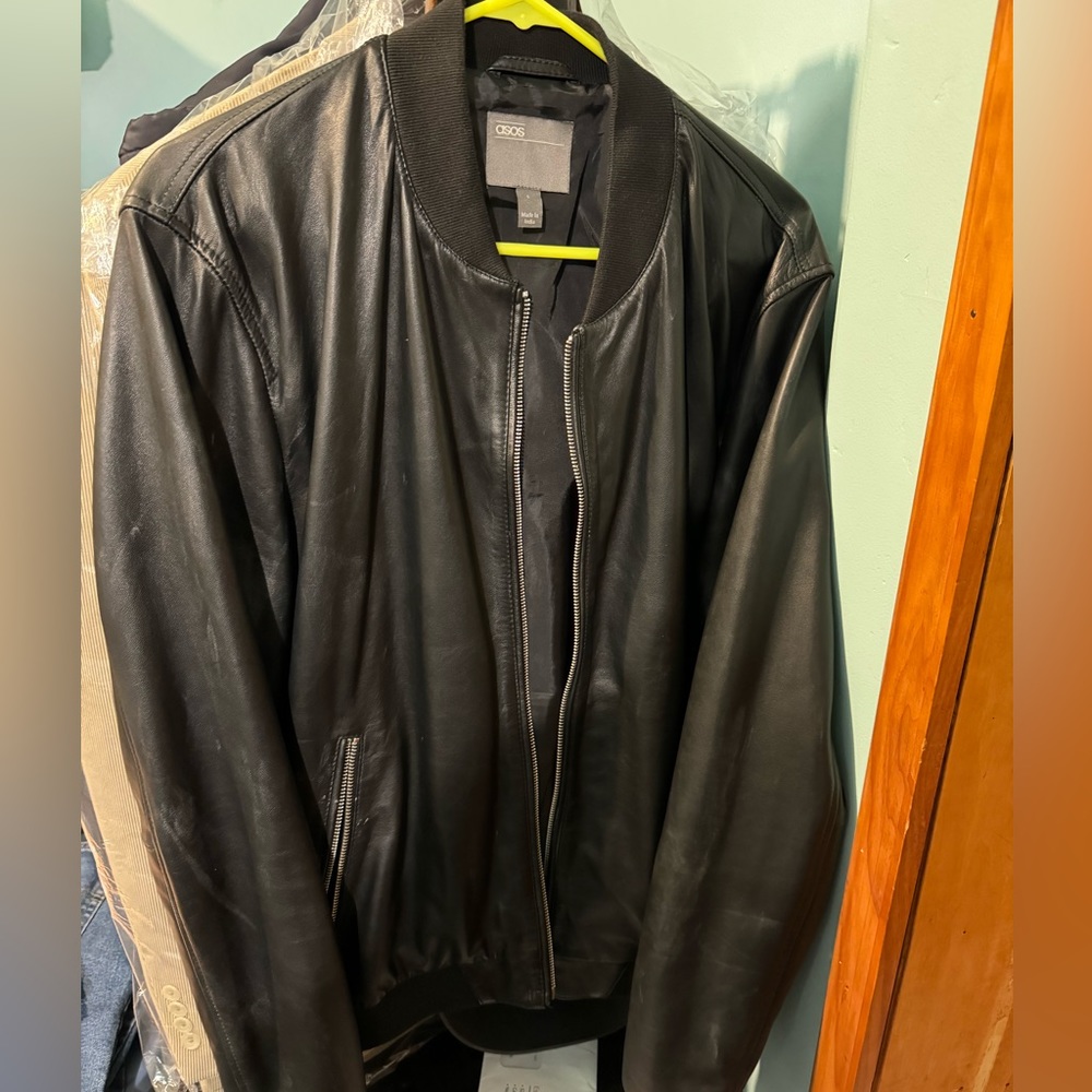 Asos Design Leather Bomber Jacket View 2